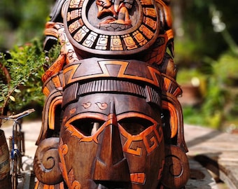 プレヒスパニックの木製マスク、マヤ文化、メキシコの壁画、手彫り