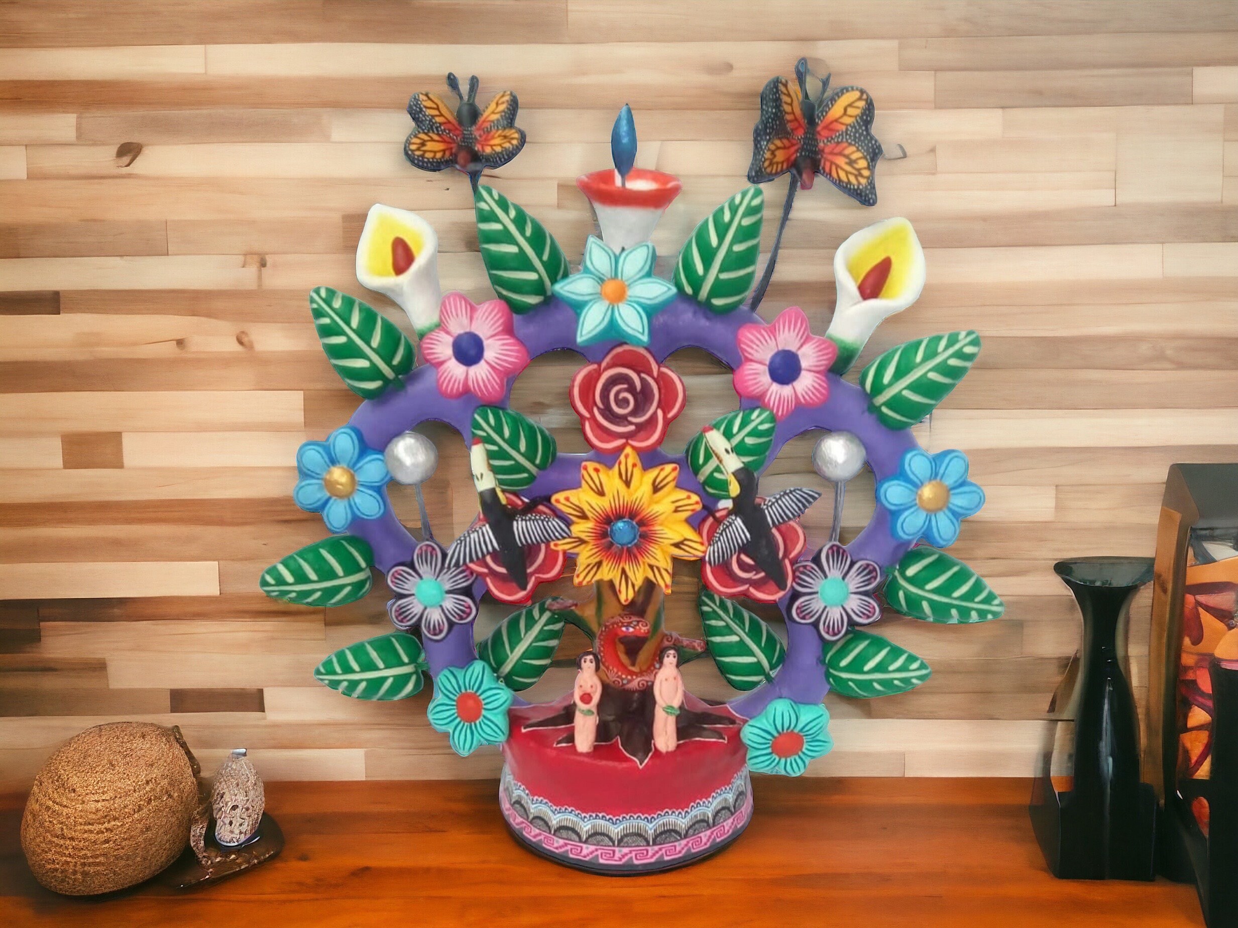 キャンドルホルダー、生命の樹、燭台、Arbol de la vida、メキシコ陶器