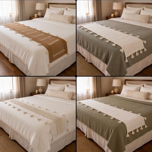 May include: A collection of four bed runners displayed on beds with various bedding colors. Each runner features a textured fabric design with decorative tassels along the edges, providing a layered look over white, gray, and green bedspreads.