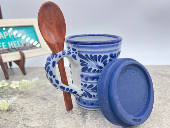 Cappuccino Cup, Wooden Spoon Mexican Coffee Mug, Puebla Talavera