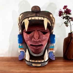 Prehispanic Wooden Mask, Mayan Culture, Made By Mayan Artisans Yucatán MEX Wall Art, Hand Carved And Painted Cedar Wood Folk Art WeCUSTOMIZE