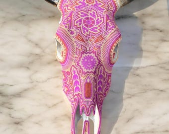 Bull Sculpture Huichol Statue Of Mexican Folk Art, Cow Wixarika As A Mexican Decorative Figure, Made Of Beads On Real Skull. “We Customize”