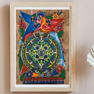 Aztec calendar painted on amate paper, original amate paintings in Mexican art, acrylic painting / Mexican painting authentic artisans.