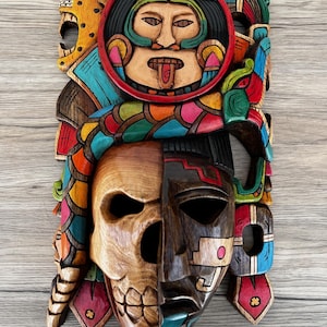 Prehispanic Wooden Mask, Mayan Culture, Made By Mayan Artisans Yucatán MEX Wall Art, Hand Carved And Painted Cedar Wood Folk Art WeCUSTOMIZE