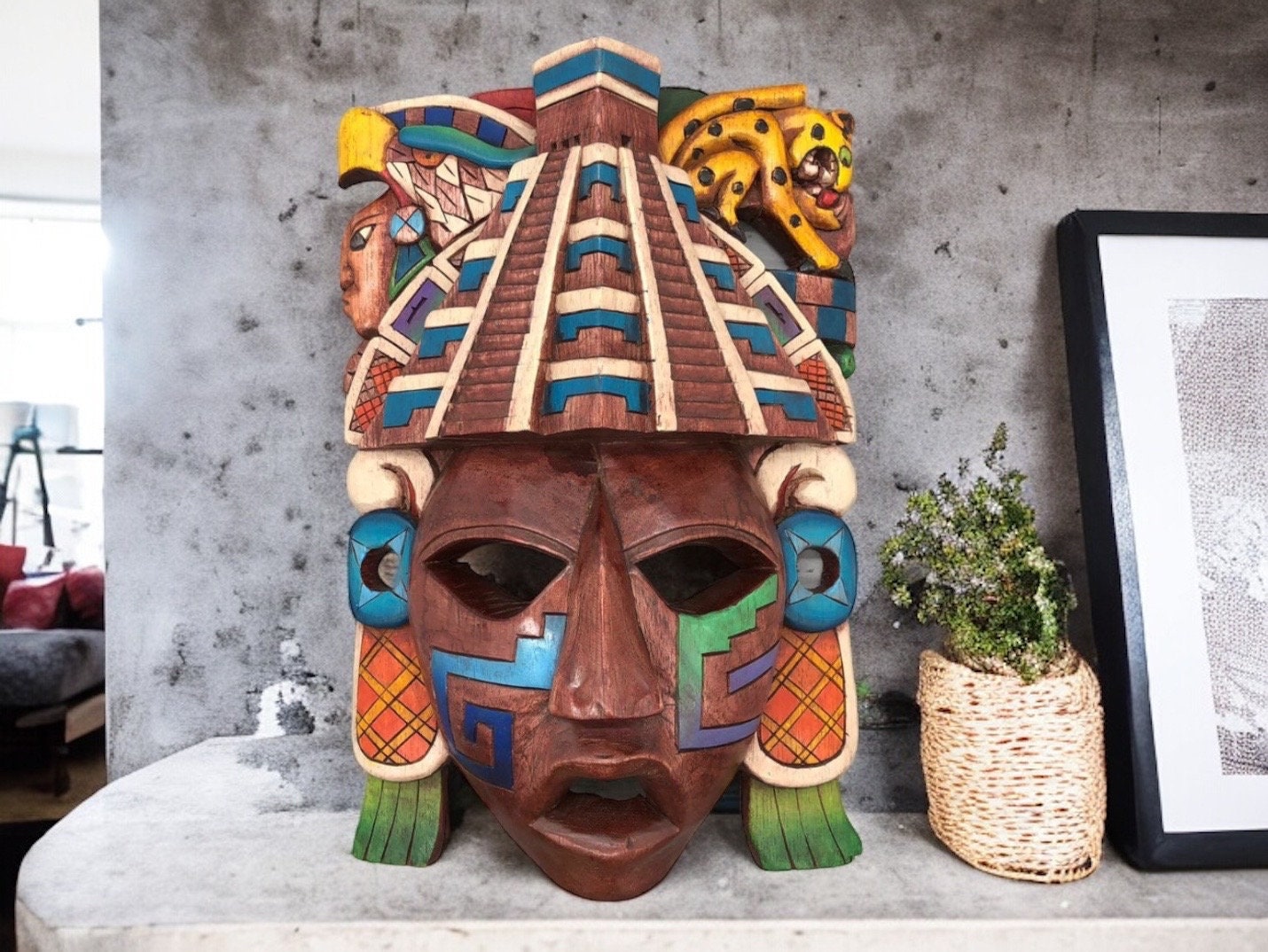 ご確認用 木製 木彫り 猿 マスク お面南米 メキシコ 壁掛け カラフル