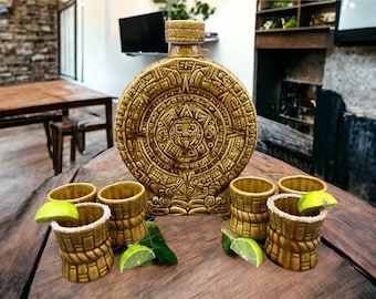 Gold Ceramic Aztec Calendar Tequila Shot Glass, Guadalajara Tequila and Mezcal, Unique Set as father&#39;s day gift, Tequila set of 8 pieces