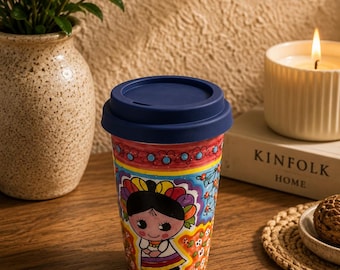 Xícara de cappuccino, caneca de café mexicana, cerâmica Talavera de Puebla, garrafa térmica de cerâmica sem chumbo com tampa.