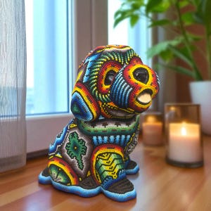 Hund Bulldogge Statue Huichol Skulptur Der Mexikanischen Volkskunst, Haustier Wixarika Als Mexikanische Deko Figur, Aus Harz Und Perlen