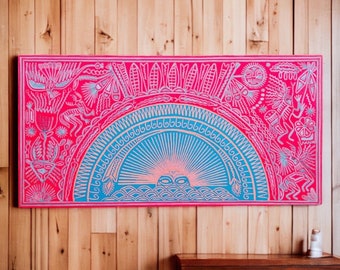 Huichol yarn painting, Mexican wall art, Wixarika culture, Abstract painting,  47.24” x  23.62”