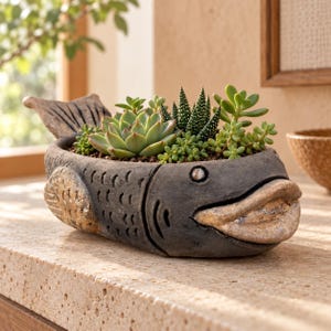 Pode incluir: Um vaso de cerâmica em forma de peixe, de cor cinzento-escura e superfície texturizada, com uma barbatana caudal proeminente e uma boca saliente de cor clara. O vaso está preenchido com várias suculentas verdes, incluindo plantas em roseta.