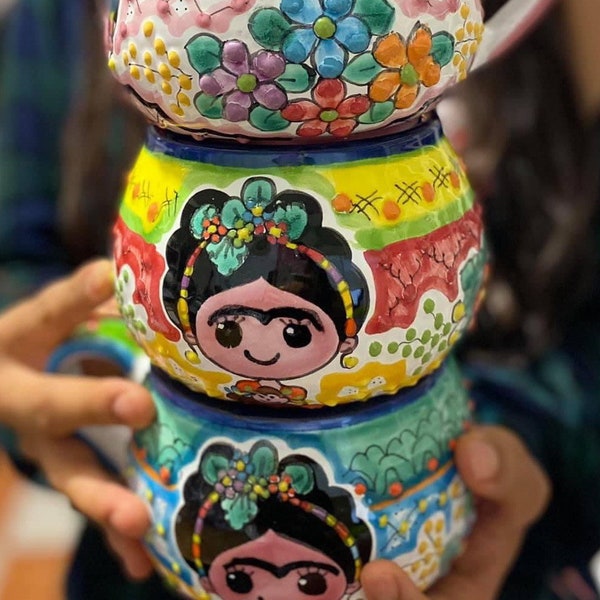 Cappuccino Cup, Frida Mexican Coffee Mug, Puebla Talavera Pottery, Ceramic Thermos, Handmade Lead-Free Includes Lid, Custom Available