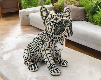 Dog Bulldog Statue Huichol Sculpture Of Mexican Folk Art, Pet Wixarika As A Mexican Decorative Figure, Made Of Resin And Beads