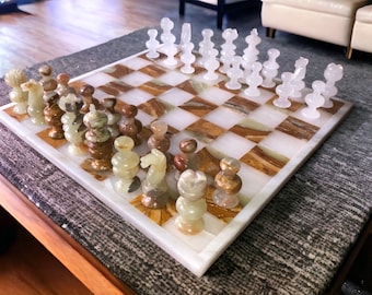 Set di scacchi GRANDE 13,77" x 13,77", set di scacchi in marmo bianco e tartaruga, set di scacchi in pietra, set di scacchi fatto a mano
