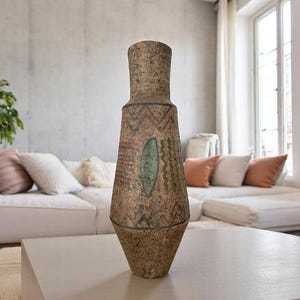 May include: A tall, textured vase with a wide base and a narrow neck. The vase is adorned with geometric and abstract patterns in red, green, and blue. It stands on a light-colored table in a living room setting.