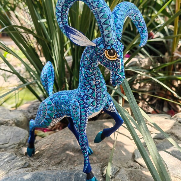 Ram Bighorn Sheep Figurine Mexican Folk Art Alebrije Statue, Wooden Deer As Mexican Decoration Sculpture, Made Of Wood And Carved By Hand