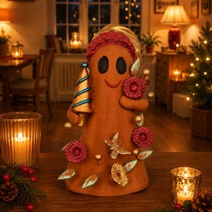May include: A terracotta-colored ghost figurine wearing a textured red hat with a gold brim. The ghost holds a gold and blue striped tree and is decorated with red flowers, gold leaves, a small butterfly, and a gold flower on its body.