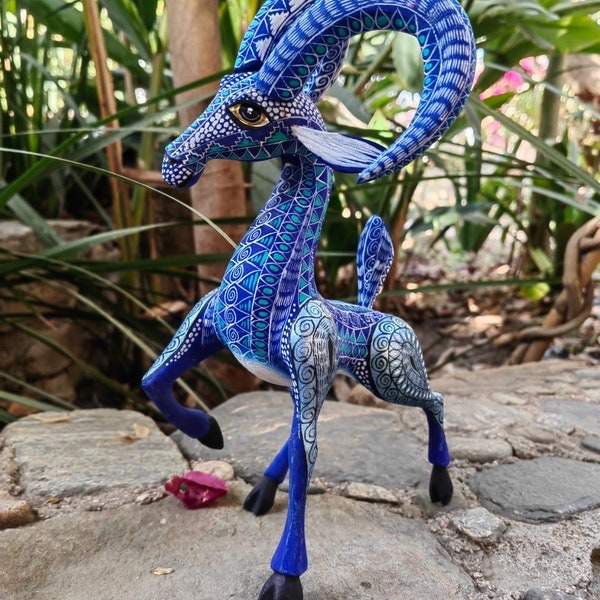 Ram Bighorn Sheep Figurine Mexican Folk Art Alebrije Statue, Wooden Deer As Mexican Decoration Sculpture, Made Of Wood And Carved By Hand