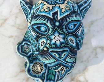 Jaguar Statue  Huichol Sculpture Of Mexican Folk Art, Panther Wixarika As A Mexican Decorative Figure , Made Of Resin, Beads We “Customize”