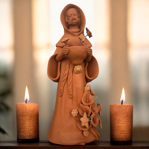 San Francisco  Clay Statue of Saint Francis of Assisi - San Francisco de Asís Religious Sculpture Santo Home Decor Michoacan Handmade Mexico