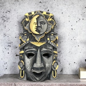 Prehispanic Mask, Ceremonies And Festivals Mayan Culture, Altar And Home Decor. Mexican Wall Art, Plaster Hand Carved