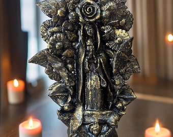 Virgin Mary Black Gold Details Clay Piece, Virgen De Guadalupe Metepec, Mexican decoration, Mary Virgin Sculpture, CHECK DESCRIPTION