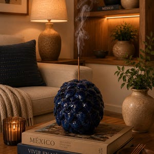 May include: A dark blue, spherical incense holder with a textured surface sits atop two books with the titles "MÉXICO" and "VIVIR EN MÉXICO". A lit candle in a glass holder and a lit lamp are also visible. The scene evokes a sense of calm and relaxation.