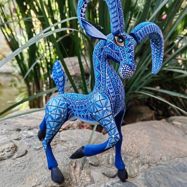 Ram Bighorn Sheep Figurine Mexican Folk Art Alebrije Statue, Wooden Deer As Mexican Decoration Sculpture, Made Of Wood And Carved By Hand