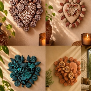 Clay Heart Wall Hanging Handmade Metepec, Mexican Folk Art Floral Decor Copy