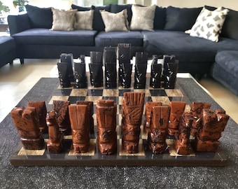 Scacchi GRANDI 13,77" x 13,77", set di scacchi in ossidiana nera e marrone, scacchiera in marmo, set di scacchi in pietra, set di scacchi fatto a mano, scacchi messicani