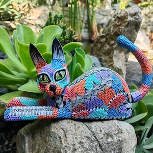 Cat Statue Mexican Folk Art Alebrije Sculpture, Wooden As Mexican Decoration Figurine, Made Of Wood And Carved By Hand