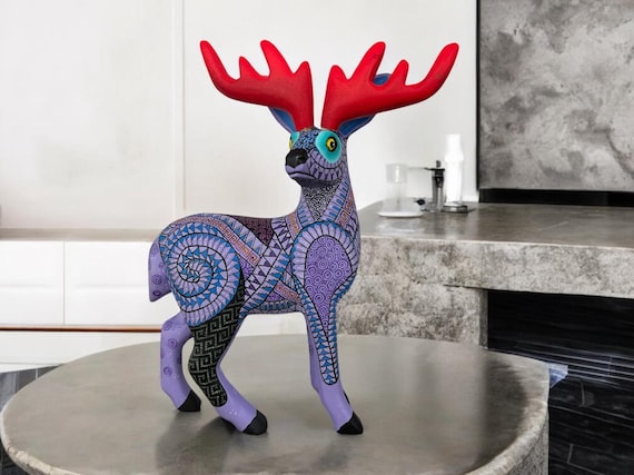 Deer Figurine Mexican Folk Art Alebrije Statue, Wooden Deer as