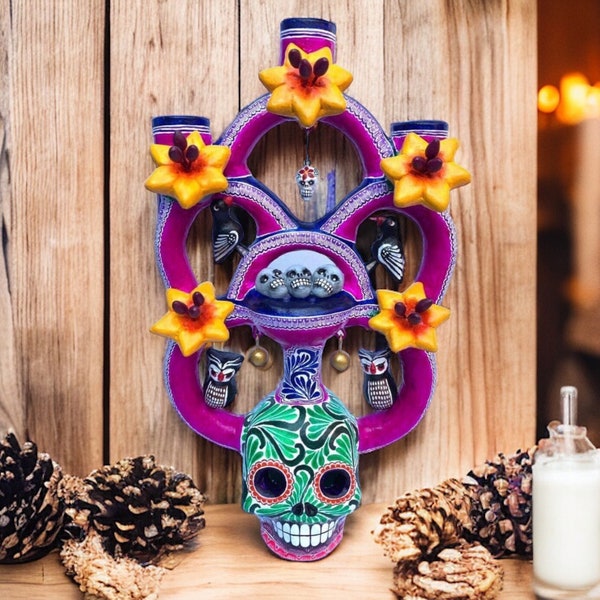 Skull Candle Holder, Tree of death, Candelabra, Arbol de la muerte, Mexican Pottery, Mexican Candelabra 9” High