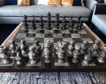 LARGE Chess set 13.77” x 13.77”, Marble Chess set in black and gray, Stone Chess Set, Chess set handmade