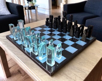 Scacchi GRANDI 13,77" x 13,77", set di scacchi in ossidiana nera e blu, scacchiera in marmo, set di scacchi in pietra, set di scacchi fatto a mano, scacchi messicani