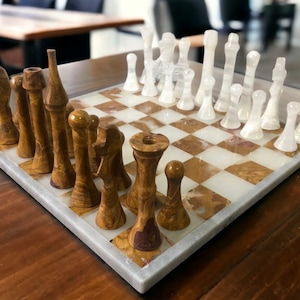 LARGE Chess set 13.77” x 13.77”, Marble Chess set in white and zarro, Stone Chess Set, Chess set handmade, Italian design