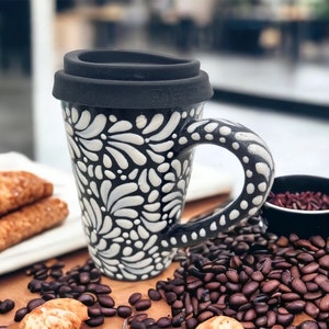 Cappuccino Cup, Mexican Coffee Mug, Puebla Talavera Pottery, Ceramic Thermos, Handmade Lead-Free Includes Lid, Custom Available