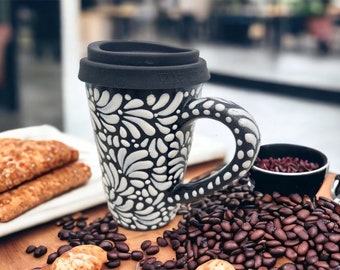 Cappuccino Cup, Mexican Coffee Mug, Puebla Talavera Pottery, Ceramic Thermos Lead-Free Includes Lid