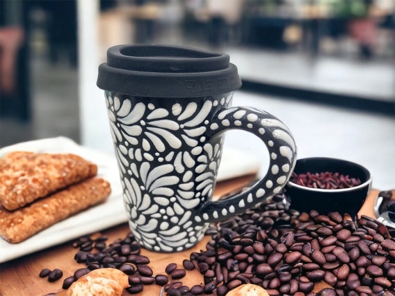 Cappuccino Cup, Mexican Coffee Mug, Puebla Talavera Pottery, Ceramic Thermos Lead-Free Includes Lid
