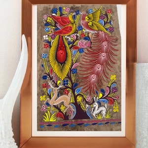 Bird painting painted on amate paper, original amate paintings in Mexican art, acrylic painting / Mexican painting