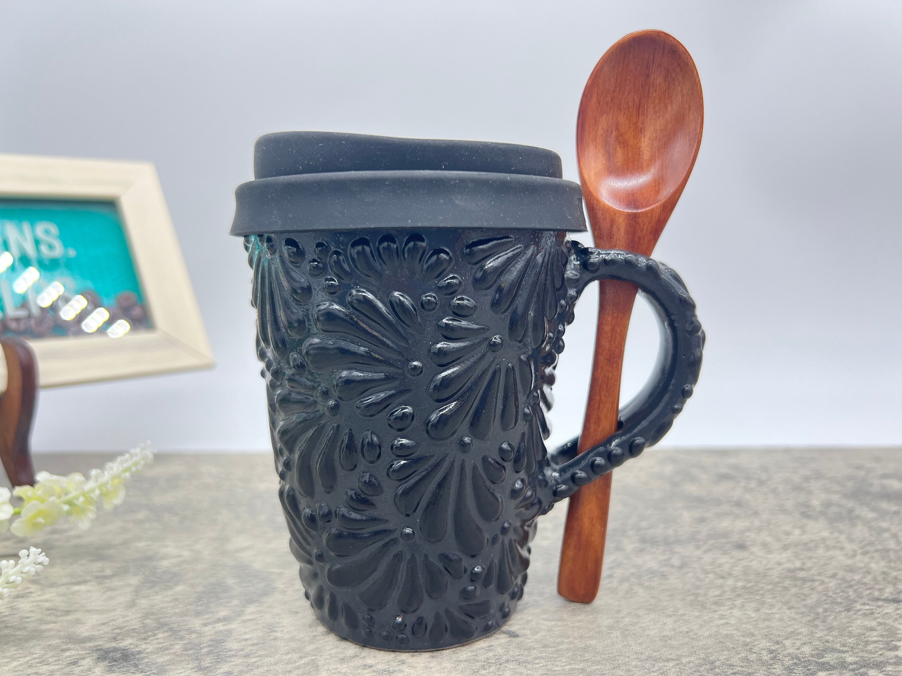TALAVERA MEXICO HAND PAINTED LEAD FREE Marked Coffee Cup Mug 3” Tall