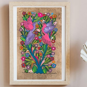 アマテ紙に描かれた鳥の絵、メキシコ美術のオリジナルのアマテ画
