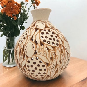 Oaxaca Vase White And Brown Clay Handcrafted Plant Pot, Pottery Luminary, White Clay Vase, Mexican Vase, Oaxaca Pottery For Home Decor