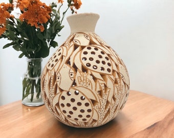 Oaxaca Vase White And Brown Clay Handcrafted Plant Pot, Pottery Luminary, White Clay Vase, Mexican Vase, Oaxaca Pottery For Home Decor