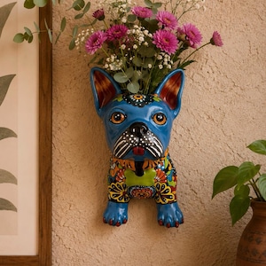 Talavera French Bulldog Planter Pot Sculpture Ceramic Dog