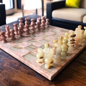 LARGE Chess set 13 77  x 13 77   Marble Chess set in pink and green  Stone Chess Set  Chess set handmade