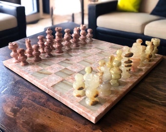 LARGE Chess set 13.77” x 13.77”, Marble Chess set in pink and green, Stone Chess Set, Chess set handmade