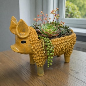 May include: A whimsical, yellow ceramic pig planter filled with succulents and trailing greenery. The planter has a textured, dotted surface and large ears. The pig is on a wooden table, with a window and decorative objects in the background.