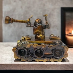 War Tank Handcrafted Iron Sculpture: Metal Art Recycled Materials, Eco-Friendly Decor, Original Design, Artisan Crafted,Piece for Home