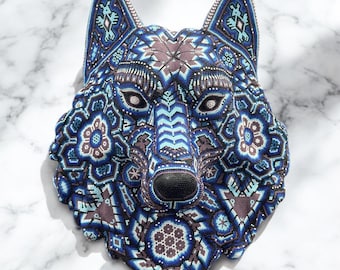 Wolf Statue Head Huichol Sculpture  Of Mexican Folk Art, Wolf Wixarika As A Mexican Decorative Figure , Made Of Resin, Beads We “Customize”