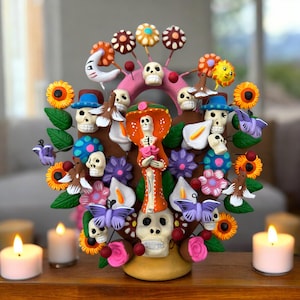 Porta-velas Frida Kahlo com caveira de açúcar, Árvore da vida, Candelabro, Árvore da vida, Cerâmica mexicana, Candelabro mexicano de 23 cm de altura